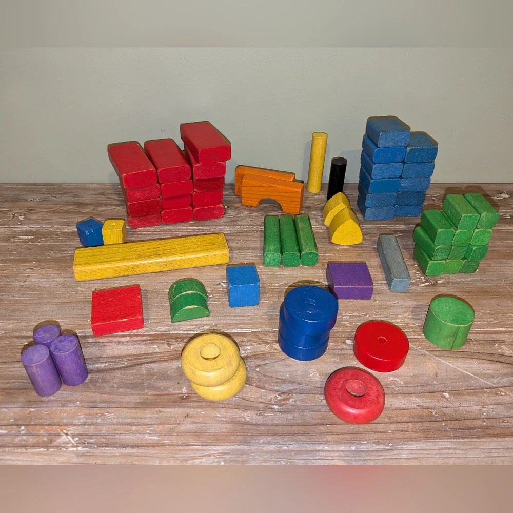 Vintage 1960s set of 64 Playskool color wooden blocks